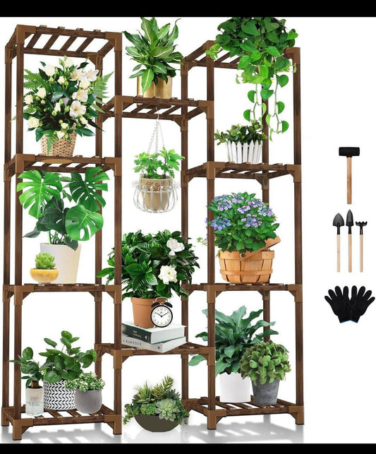 amworld Soporte para plantas de interior y exterior, estante alto para múltiples plantas, macetas, soporte de flores de madera, soporte grande para flores para sala de estar, patio, balcón