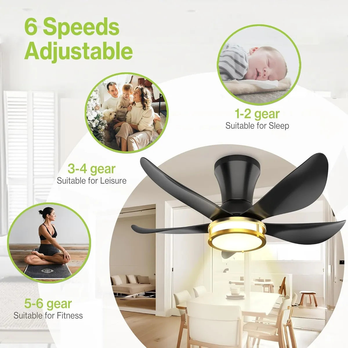 Ventilador De Techo Moderno Con Luz Y Control Remoto 76 Cm Negro Negro Plástico 5